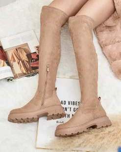 Kozaki Na Płaskim Obcasie|Kozaki Z Ociepleniem^Royalfashion Damskie kozaki za kolano Ridesel jasny brązowy