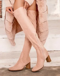 Kozaki Na Obcasie|Kozaki Bez Ocieplenia^Royalfashion Damskie kozaki za kolano Vecce beżowy