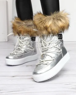 Śniegowce^Royalfashion Damskie lakierowane buty a'la śniegowce w m kolorze Fursav srebrny