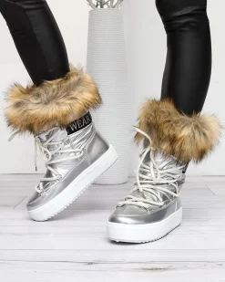 Śniegowce^Royalfashion Damskie lakierowane buty a'la śniegowce w m kolorze Fursav srebrny