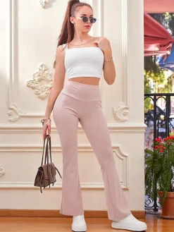 Legginsy / Tregginsy^Royalfashion Damskie prążkowane legginsy z poszerzanymi nogawkami beżowy