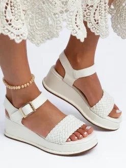 Sandały Na Koturnie^Royalfashion Damskie sandały na koturnie z plecionym paseczkiem Fiolle biały