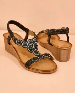 Sandały Na Koturnie^Royalfashion Damskie sandały z cyrkoniami Obrina czarny