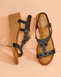 Sandały Na Koturnie^Royalfashion Damskie sandały z cyrkoniami Obrina czarny