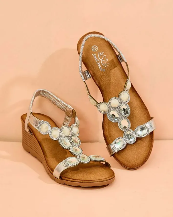 Sandały Na Koturnie^Royalfashion Damskie sandały z cyrkoniami Obrina srebrny