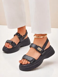 Sandały Płaskie^Royalfashion Damskie sandały na grubszej podeszwie Aganda czarny