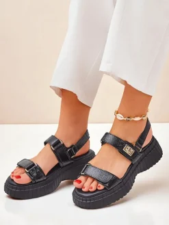 Sandały Płaskie^Royalfashion Damskie sandały na grubszej podeszwie Aganda czarny