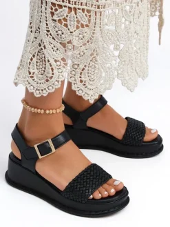 Sandały Na Koturnie^Royalfashion Damskie sandały na koturnie z plecionym paseczkiem Fiolle czarny