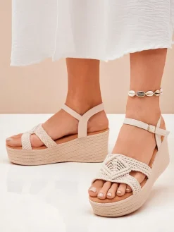 Sandały Na Koturnie^Royalfashion Damskie sandały na koturnie plecione Sunny Day beżowy