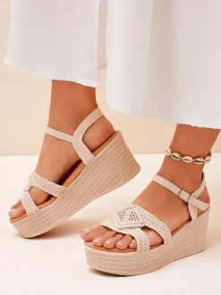 Sandały Na Koturnie^Royalfashion Damskie sandały na koturnie plecione Sunny Day beżowy