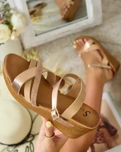 Sandały Na Koturnie^Royalfashion Damskie sandały z cyrkoniami Bozi różowy