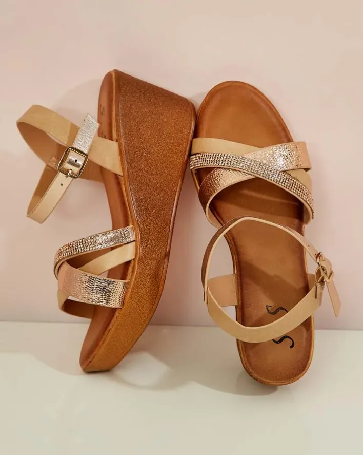 Sandały Na Koturnie^Royalfashion Damskie sandały z cyrkoniami Bozi różowy