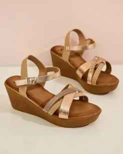 Sandały Na Koturnie^Royalfashion Damskie sandały z cyrkoniami Bozi różowy