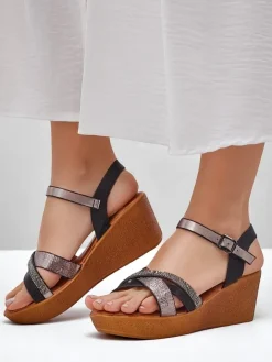 Sandały Na Koturnie^Royalfashion Damskie sandały na koturnie z cyrkoniami i brokatem Glittera czarny