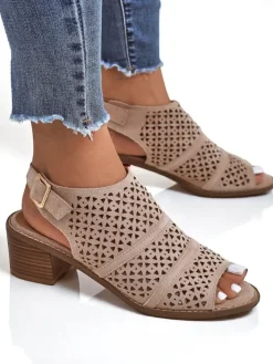 Buty Na Wielkie Wyjście|Sandały Na Słupku^Royalfashion Damskie sandały na niskim słupku ażurowe Elira beżowy