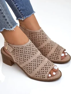 Buty Na Wielkie Wyjście|Sandały Na Słupku^Royalfashion Damskie sandały na niskim słupku ażurowe Elira beżowy