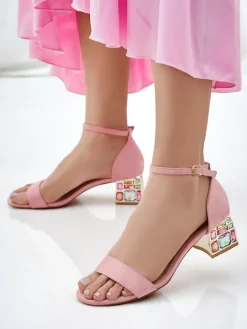 Buty Na Wielkie Wyjście|Sandały Na Słupku^Royalfashion Damskie sandały z ozdobnym obcasem Ballou różowy