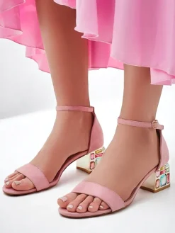 Buty Na Wielkie Wyjście|Sandały Na Słupku^Royalfashion Damskie sandały z ozdobnym obcasem Ballou różowy