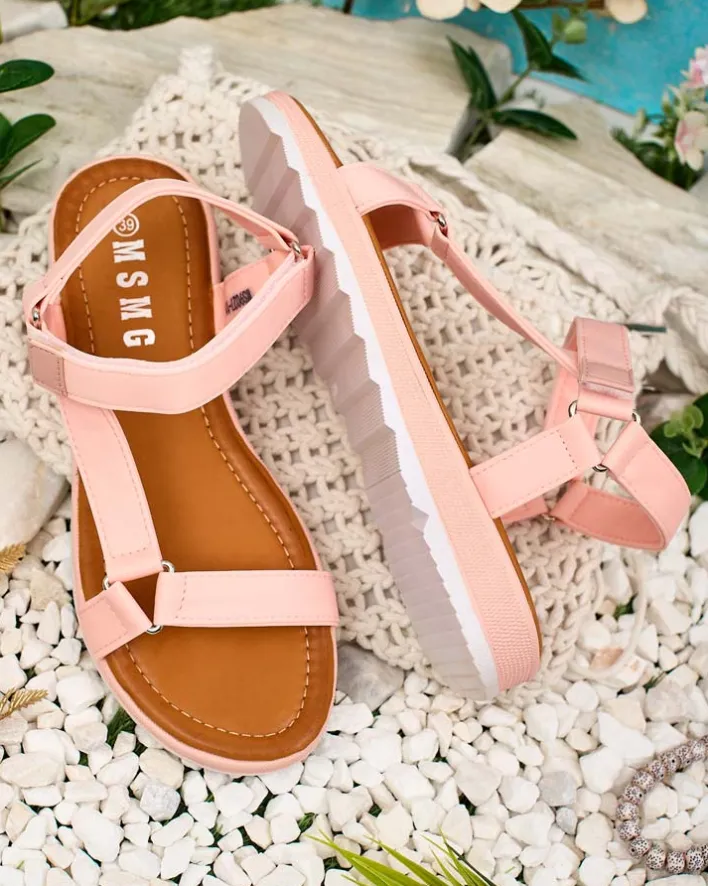 Sandały Na Koturnie^Royalfashion Damskie sandały na ozdobnej podeszwie Lovin różowy