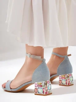 Buty Na Wielkie Wyjście|Sandały Na Słupku^Royalfashion Damskie sandały z ozdobnym obcasem Ballou Głęboki błękit nieba