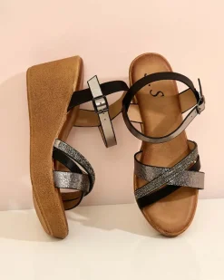 Sandały Na Koturnie^Royalfashion Damskie sandały z cyrkoniami Bozi czarny