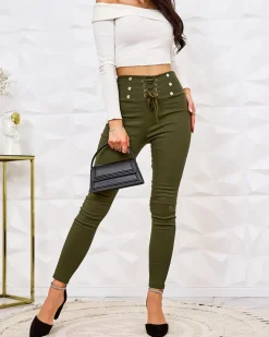 Legginsy / Tregginsy^Royalfashion Damskie spodnie typu tregginsy z ozdobnym wiązaniem zielony