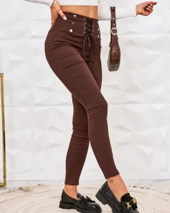 Legginsy / Tregginsy^Royalfashion Damskie spodnie typu tregginsy z ozdobnym wiązaniem brązowy