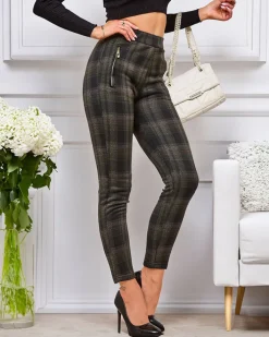 Legginsy / Tregginsy^Royalfashion Damskie spodnie typu tregginsy z ociepleniem w kratę czarny