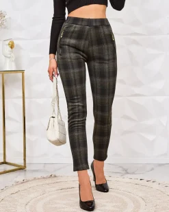 Legginsy / Tregginsy^Royalfashion Damskie spodnie typu tregginsy z ociepleniem w kratę czarny