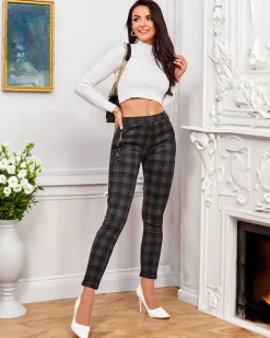 Legginsy / Tregginsy^Royalfashion Damskie spodnie typu tregginsy z ociepleniem w kratę czarny