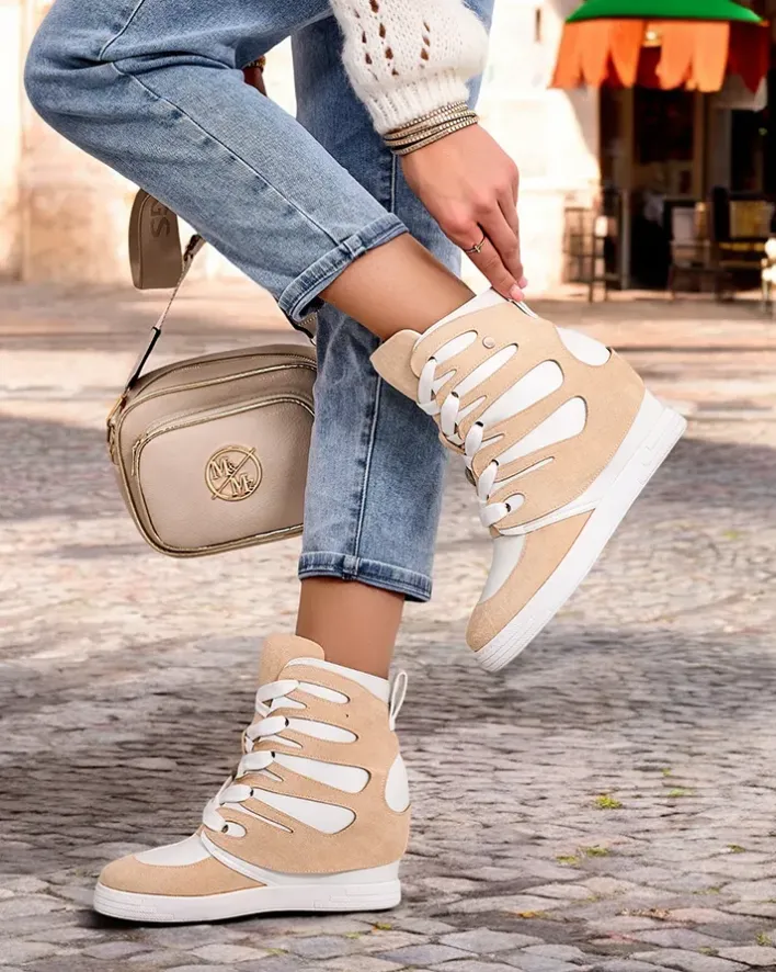 Botki Bez Ocieplenia|Botki Na Koturnie^Royalfashion Damskie sportowe botki na koturnie Pamstinsa beżowy