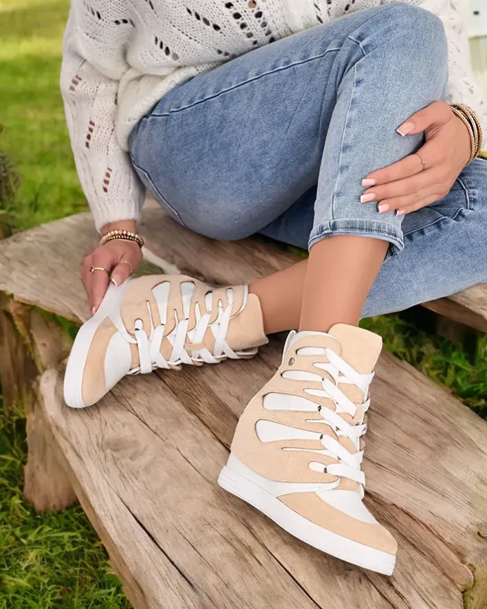 Botki Bez Ocieplenia|Botki Na Koturnie^Royalfashion Damskie sportowe botki na koturnie Pamstinsa beżowy