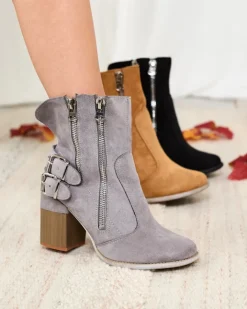 Botki Bez Ocieplenia|Botki Na Słupku^Royalfashion Damskie szare botki ze zdobieniem Feirrgo Jasny szary