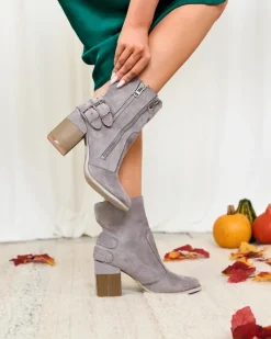 Botki Bez Ocieplenia|Botki Na Słupku^Royalfashion Damskie szare botki ze zdobieniem Feirrgo Jasny szary