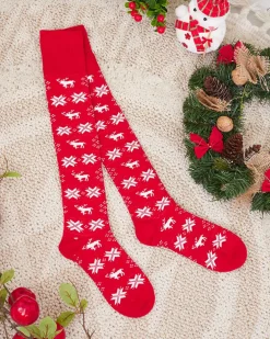 Skarpetki^Royalfashion Damskie świąteczne skarpety za kolano w kolorze m czerwony