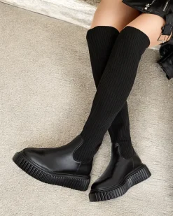 Kozaki Na Płaskim Obcasie|Kozaki Z Ociepleniem^Royalfashion Damskie wsuwane kozaki za kolano Hesoppel czarny