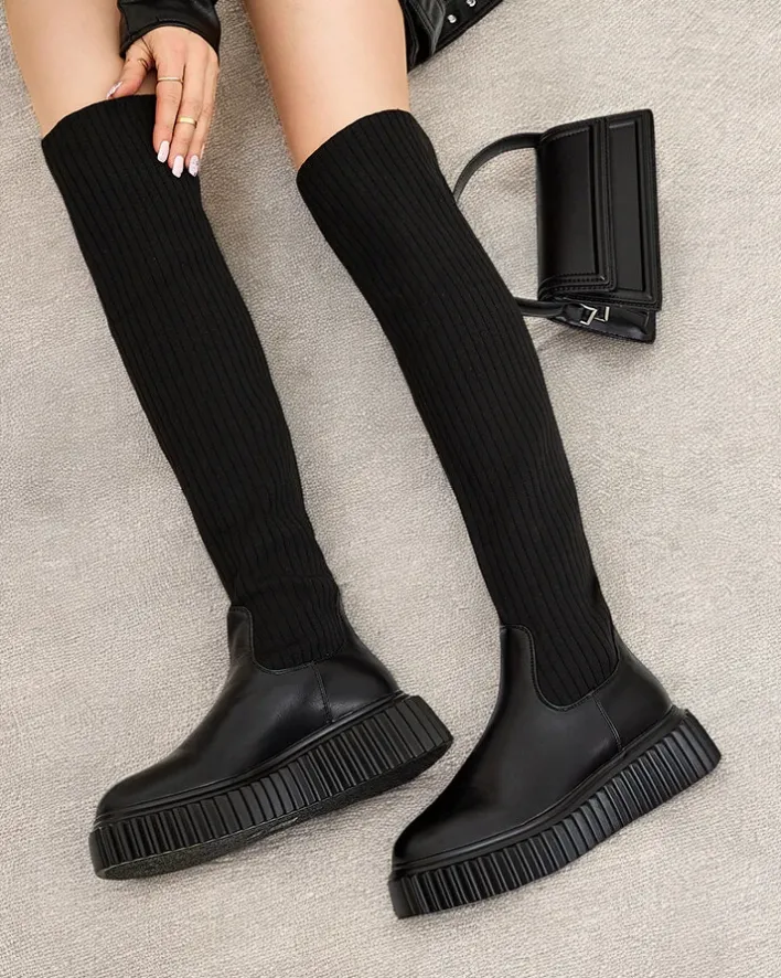 Kozaki Na Płaskim Obcasie|Kozaki Z Ociepleniem^Royalfashion Damskie wsuwane kozaki za kolano Hesoppel czarny