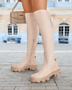 Kozaki Na Płaskim Obcasie|Kozaki Bez Ocieplenia^Royalfashion Damskie wsuwane kozaki za kolano Vianas beżowy