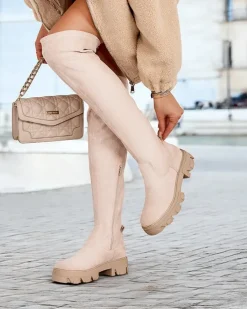 Kozaki Na Płaskim Obcasie|Kozaki Bez Ocieplenia^Royalfashion Damskie wsuwane kozaki za kolano Vianas beżowy