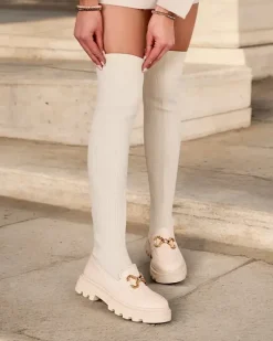 Kozaki Na Płaskim Obcasie|Kozaki Bez Ocieplenia^Royalfashion Damskie wsuwane kozaki za kolano Rufies beżowy