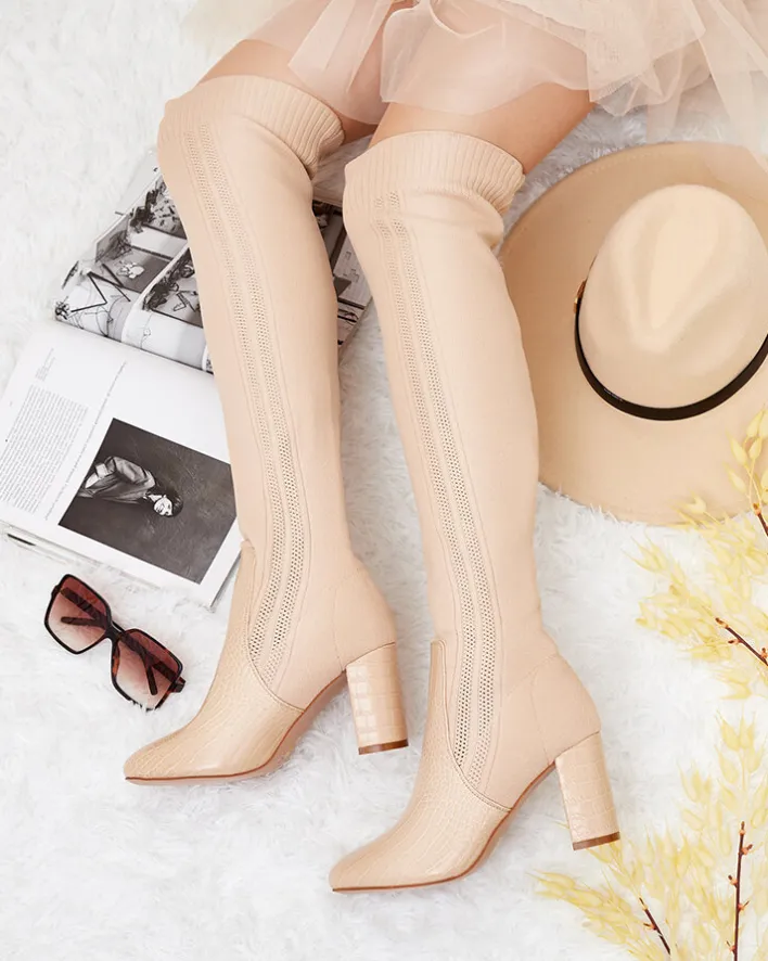 Kozaki Na Obcasie|Kozaki Bez Ocieplenia^Royalfashion Damskie wsuwane kozaki za kolano Nolera beżowy