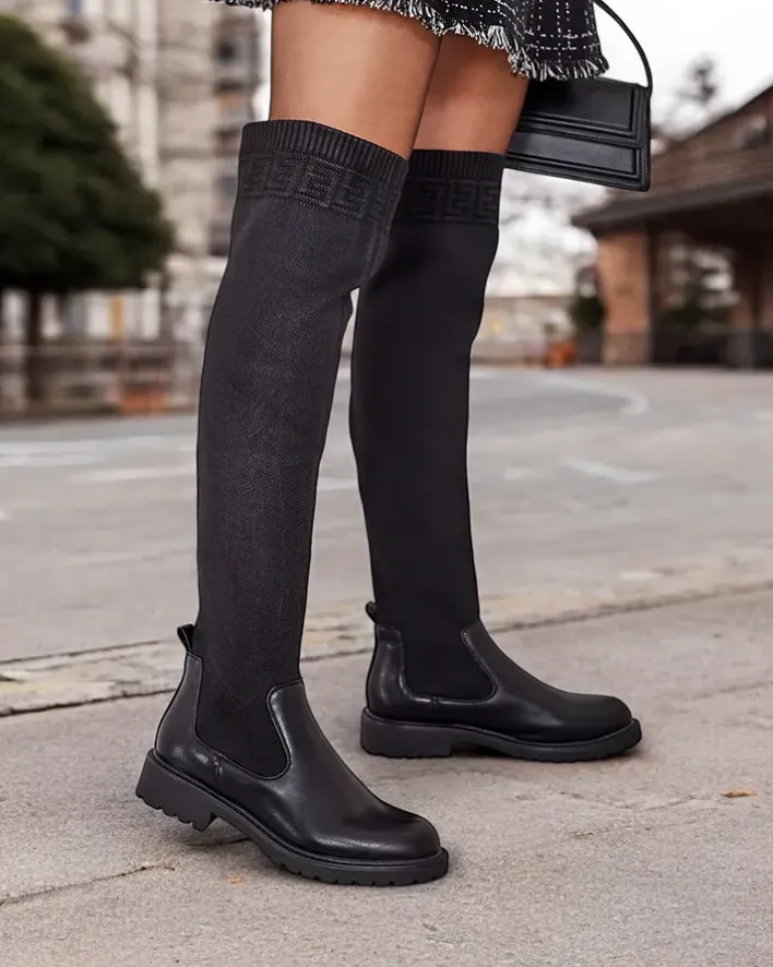 Kozaki Na Płaskim Obcasie|Kozaki Bez Ocieplenia^Royalfashion Damskie wsuwane kozaki Bifonus czarny