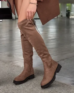 Kozaki Na Płaskim Obcasie|Kozaki Bez Ocieplenia^Royalfashion Damskie wsuwane kozaki za kolano Robus jasny brązowy