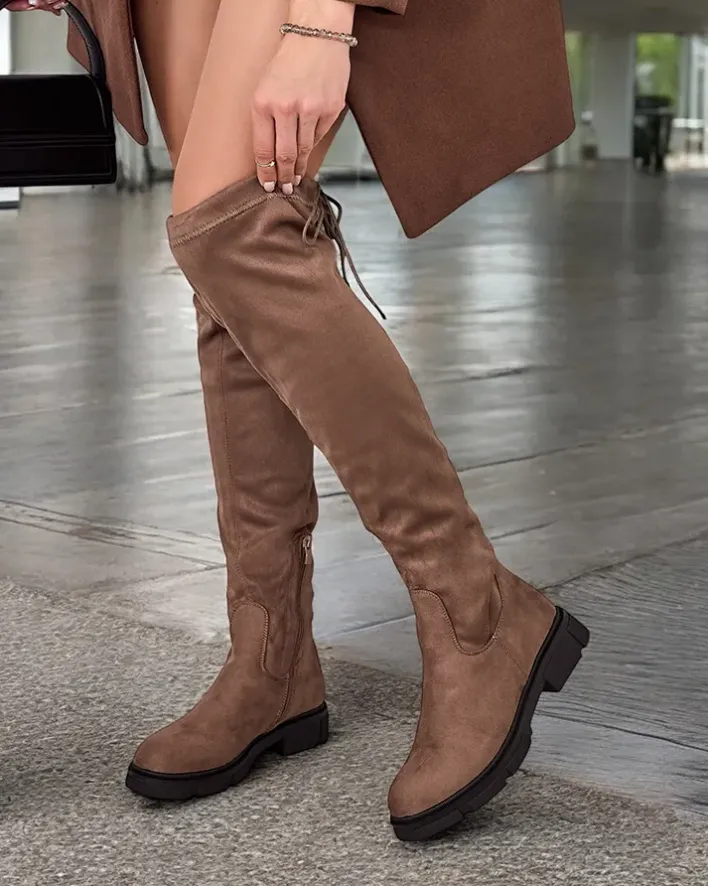 Kozaki Na Płaskim Obcasie|Kozaki Bez Ocieplenia^Royalfashion Damskie wsuwane kozaki za kolano Robus jasny brązowy