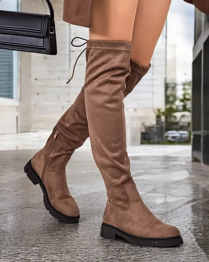 Kozaki Na Płaskim Obcasie|Kozaki Bez Ocieplenia^Royalfashion Damskie wsuwane kozaki za kolano Robus jasny brązowy