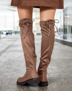 Kozaki Na Płaskim Obcasie|Kozaki Bez Ocieplenia^Royalfashion Damskie wsuwane kozaki za kolano Robus jasny brązowy