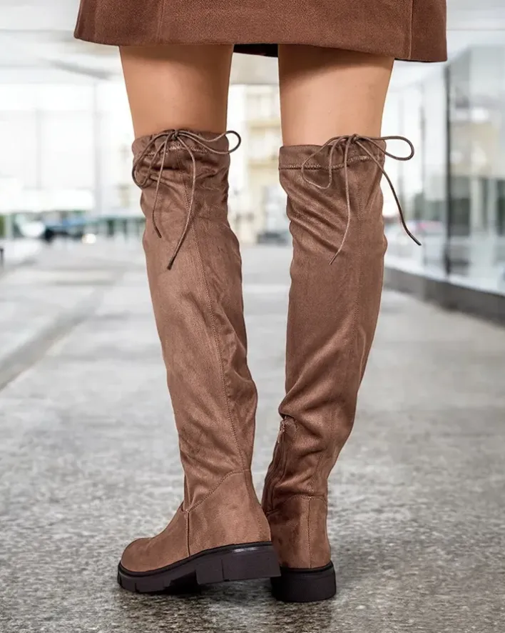 Kozaki Na Płaskim Obcasie|Kozaki Bez Ocieplenia^Royalfashion Damskie wsuwane kozaki za kolano Robus jasny brązowy