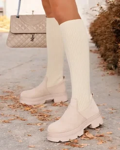 Kozaki Na Płaskim Obcasie|Kozaki Bez Ocieplenia^Royalfashion Damskie wsuwane kozaki Anobbi beżowy