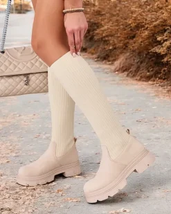 Kozaki Na Płaskim Obcasie|Kozaki Bez Ocieplenia^Royalfashion Damskie wsuwane kozaki Anobbi beżowy