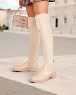 Kozaki Na Płaskim Obcasie|Kozaki Bez Ocieplenia^Royalfashion Damskie wsuwane kozaki Bifonus beżowy